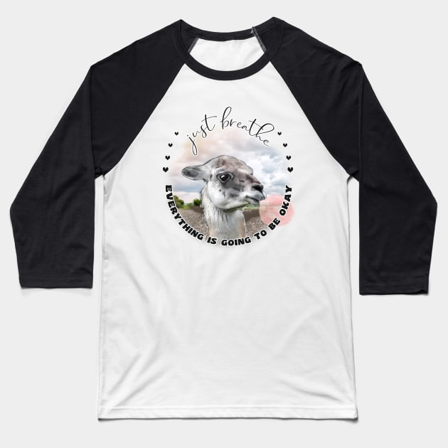 Cute Llama with Bubblegum Just Breathe Baseball T-Shirt by IconicTee